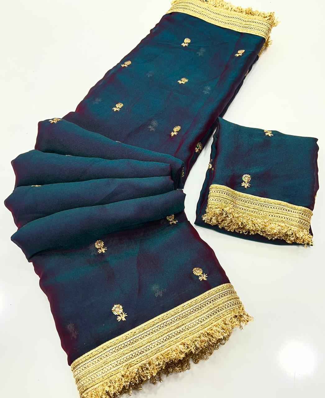 Midnight Teal Space Satin Sequin Embroidered Saree