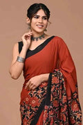 Rust Noir Mulmul Cotton Saree with Floral Elegance